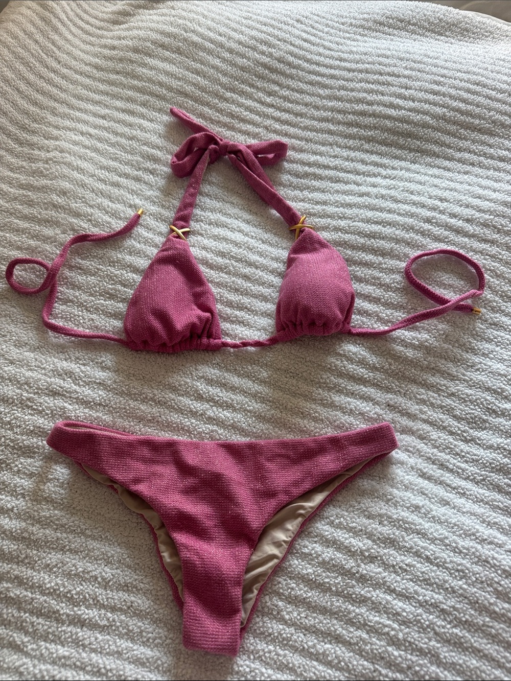 PilyQ Pink Textured Triangle Bikini Set